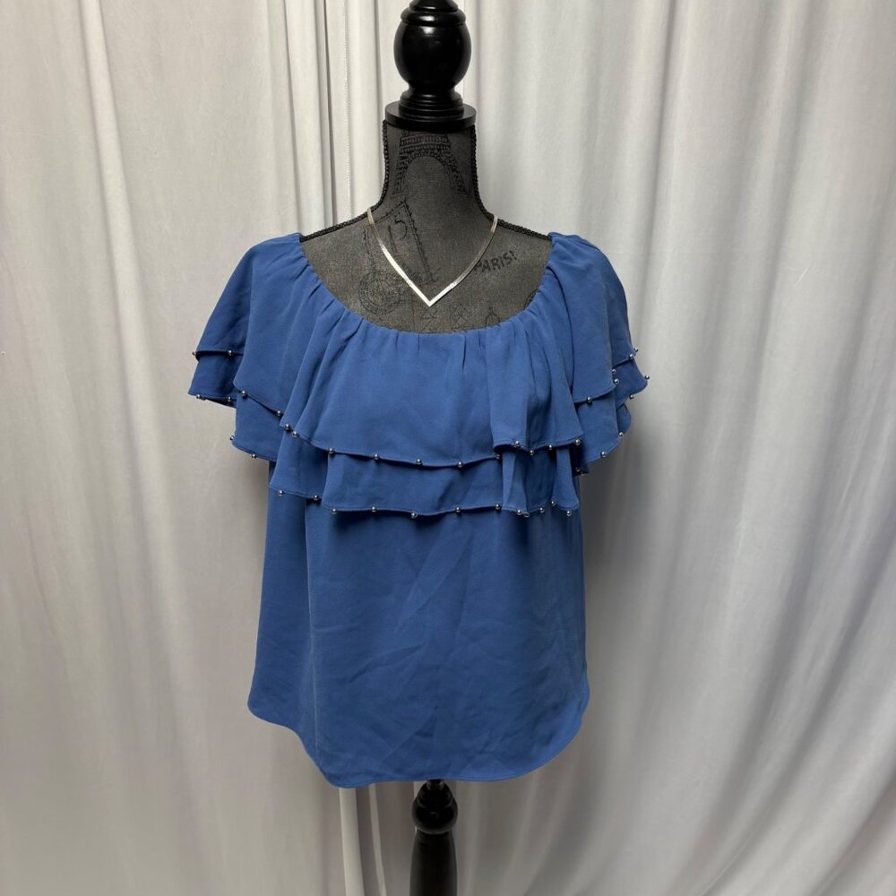 Jennifer Lopez On or Off-Shoulder Blouse Womens Medium Blue Ruffle Bead Accents